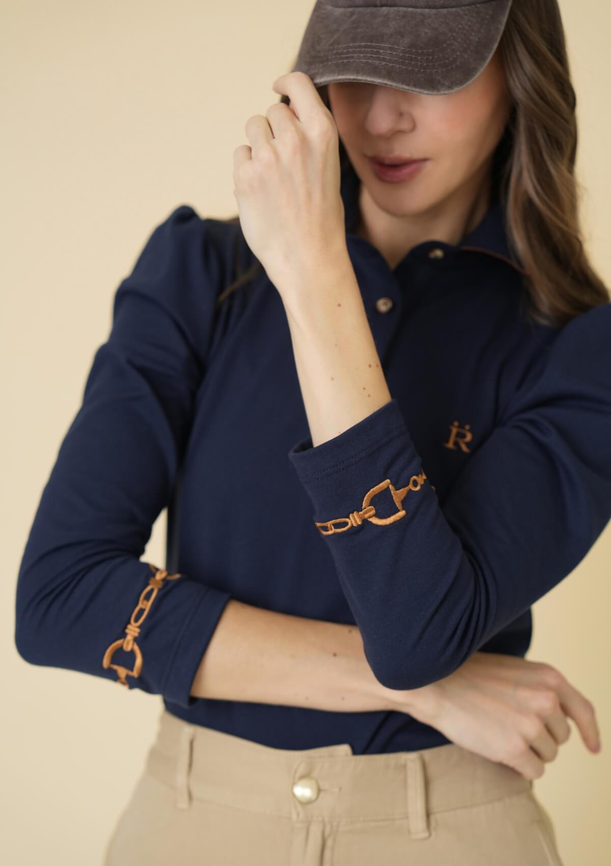 Polo Ecuestre | Manga Larga | Azul Marino y Cognac