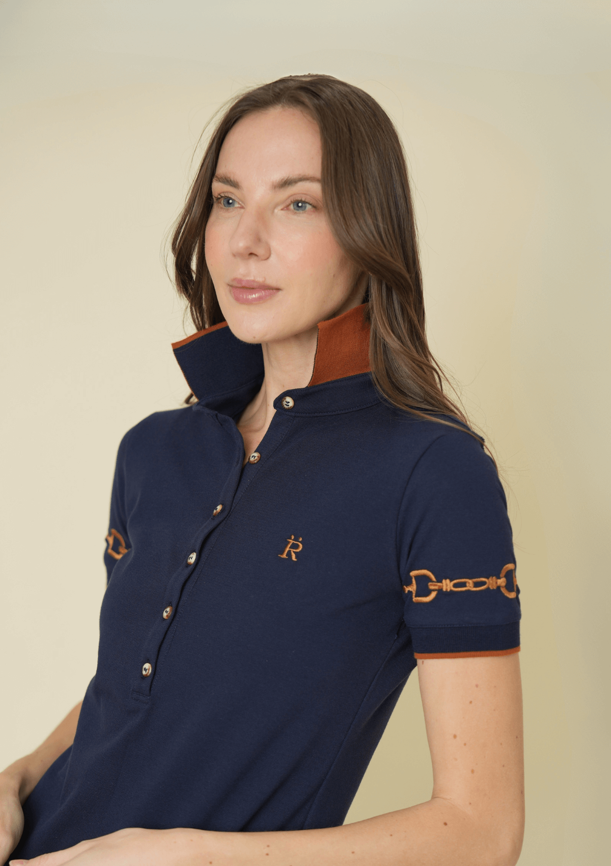 Polo Ecuestre | Manga Corta | Azul Marino con Cognac