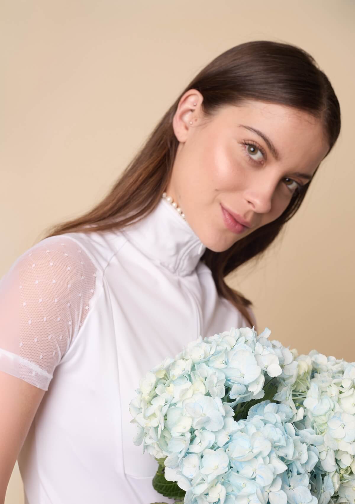 Camisa Élodie | Manga Corta | Blanco Con Encaje Y Perlas