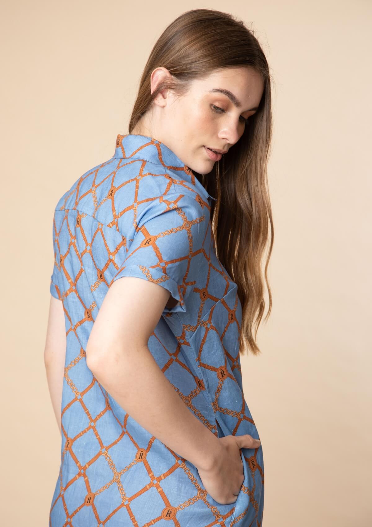 Vestido Renata en Lino | Estampado Beltina | Azul Cielo