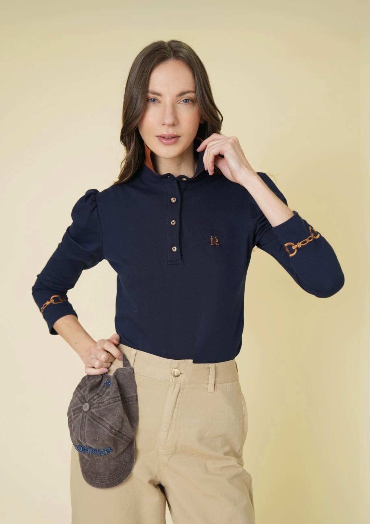 Polo Ecuestre | Manga Larga | Azul Marino y Cognac