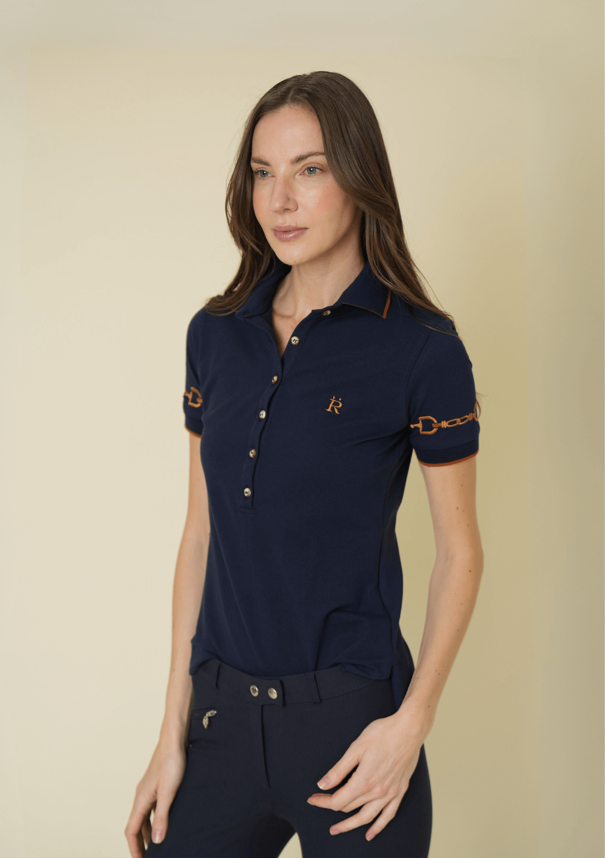 Polo Ecuestre | Manga Corta | Azul Marino con Cognac