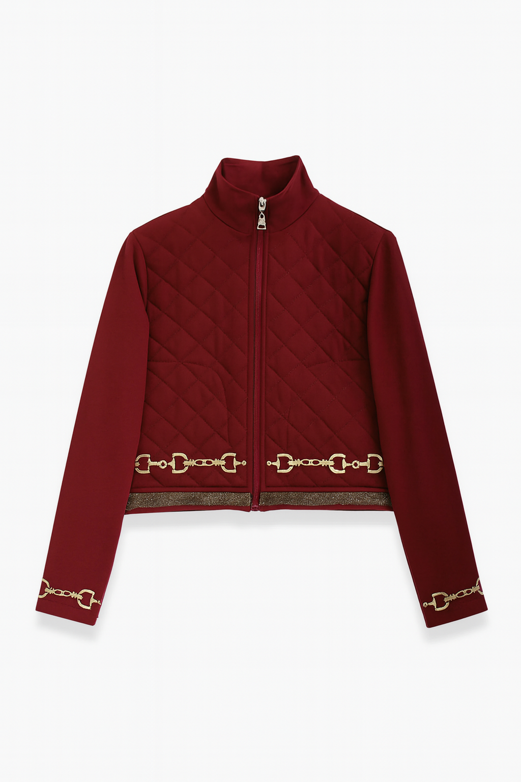 Red quilted jacket with gold accents on a white background